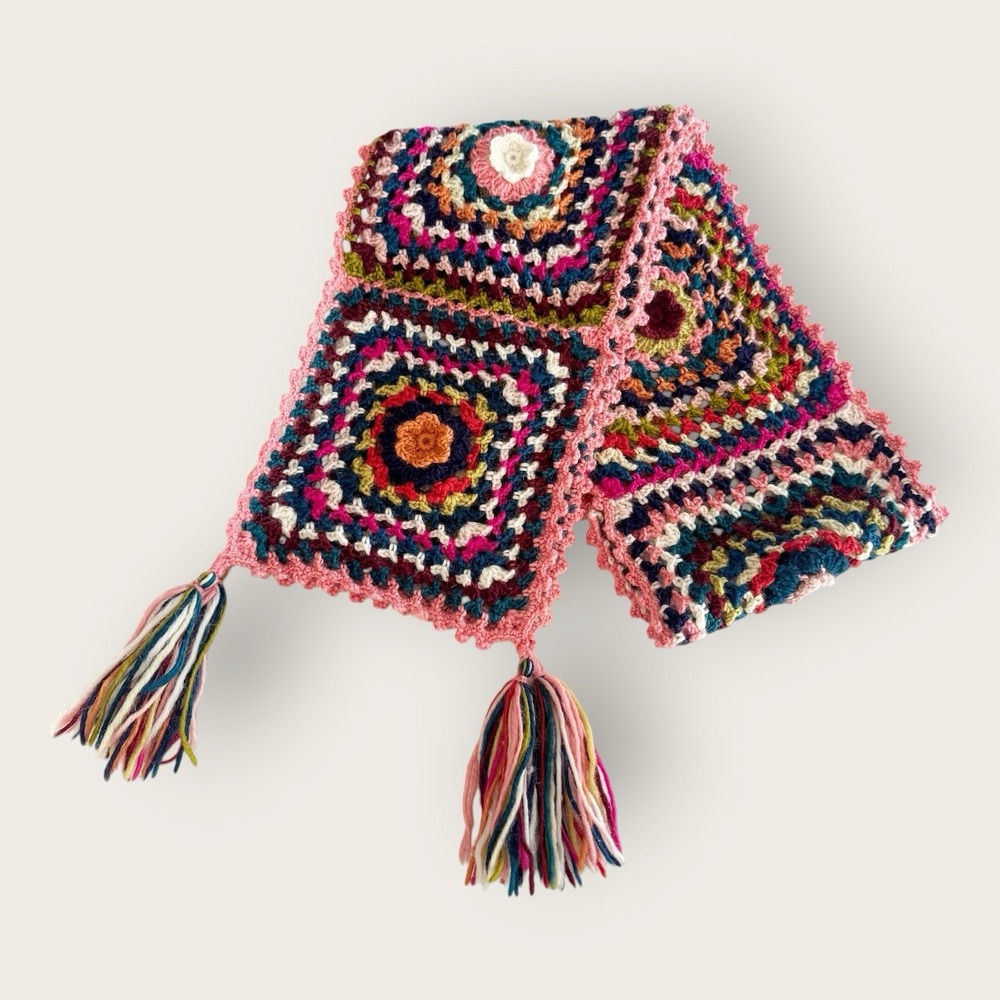 Handmade Granny Square Scarf Tassels Boho Grandmacore Artsy Boho Indie Nerdy